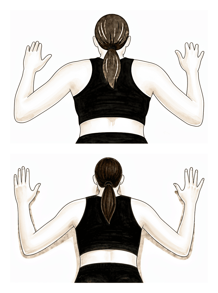 Lying face down, drawing the elbows back and down so the arms form a W shape.