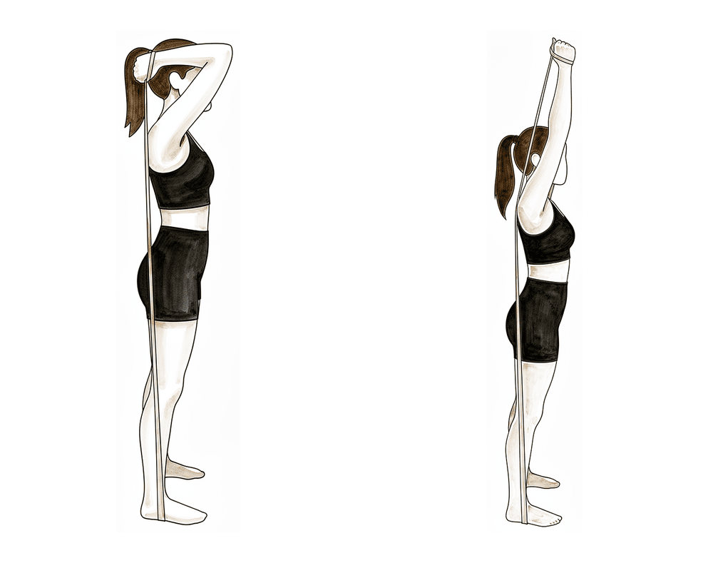 Straightening the elbow against a resistance band held overhead or to the side.