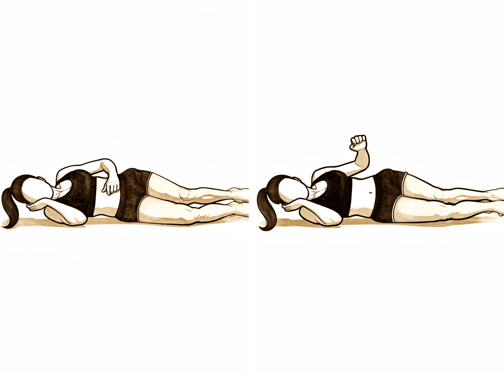 Lying on the good side, the operated forearm rotates upwards from the stomach with the elbow tucked in.