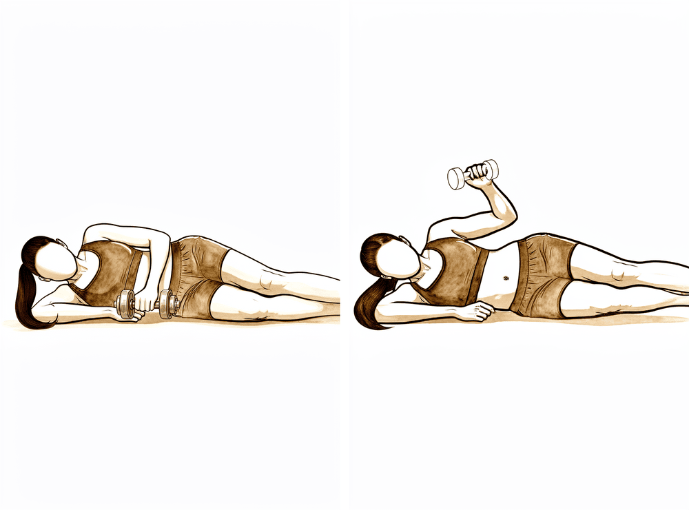 Lying on the good side, the operated forearm rotates upwards holding a light weight.