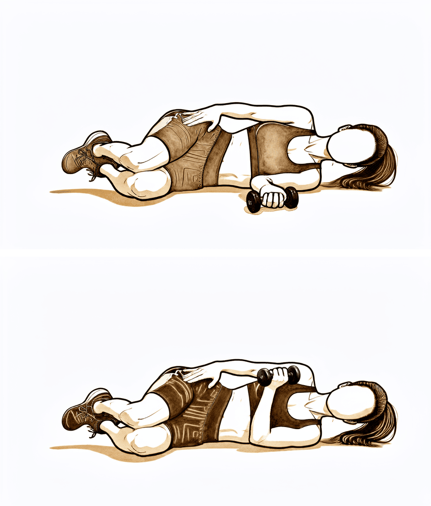 Lying on the operated side, the forearm lifts a light weight upward into internal rotation.