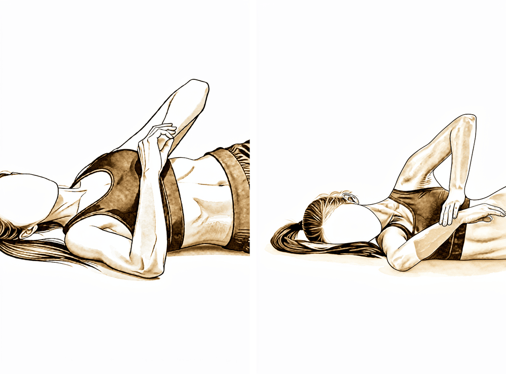 Lying on the operated side, the top hand gently presses the lower forearm down into internal rotation.