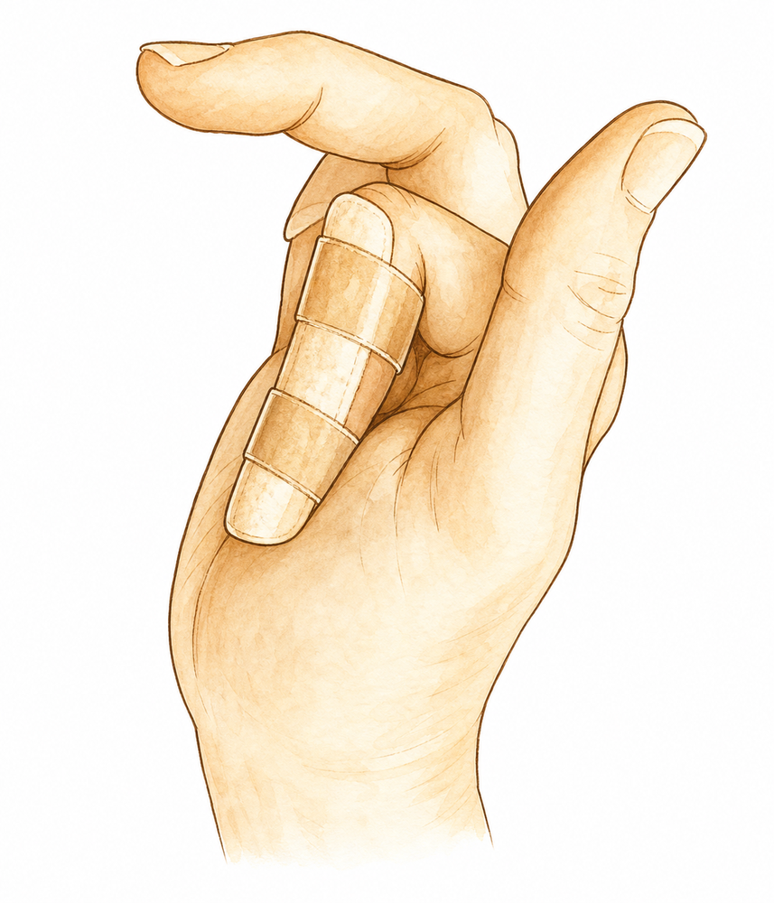 Bending and straightening the middle and knuckle joints of the finger while the splinted fingertip joint stays still.