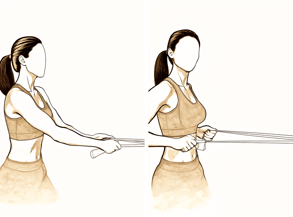 Standing row with a resistance band, drawing the elbows back.