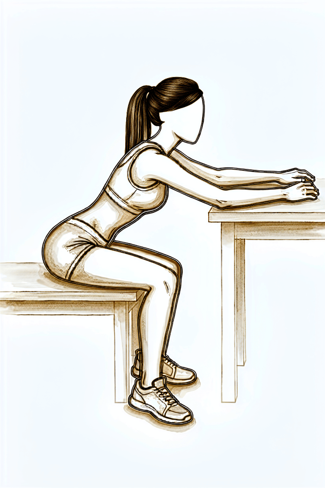 Seated at a table, the hand of the operated arm slides forwards along the surface into elevation.