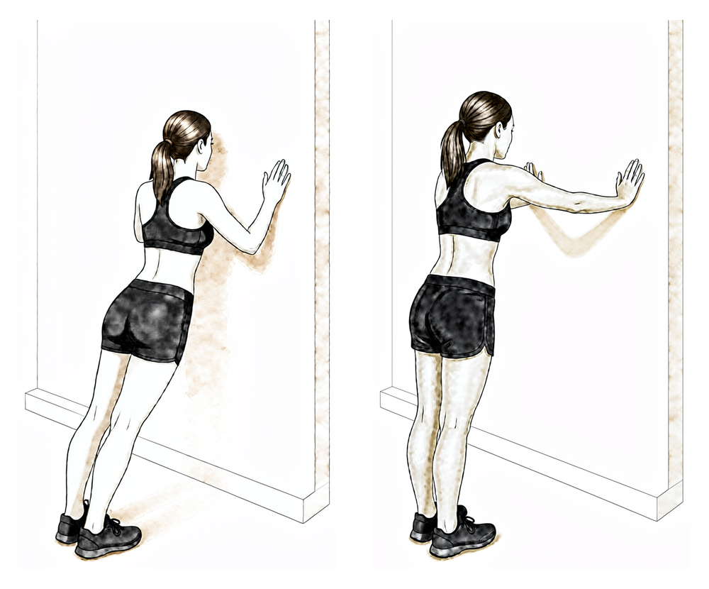 Hands on a wall, bending and straightening the elbows, then pushing the upper back away at the top.