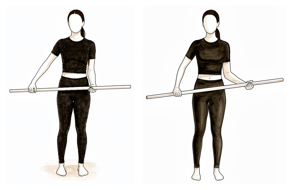 Lying on the back, a stick held in both hands pushes the forearm of the operated arm gently outwards.
