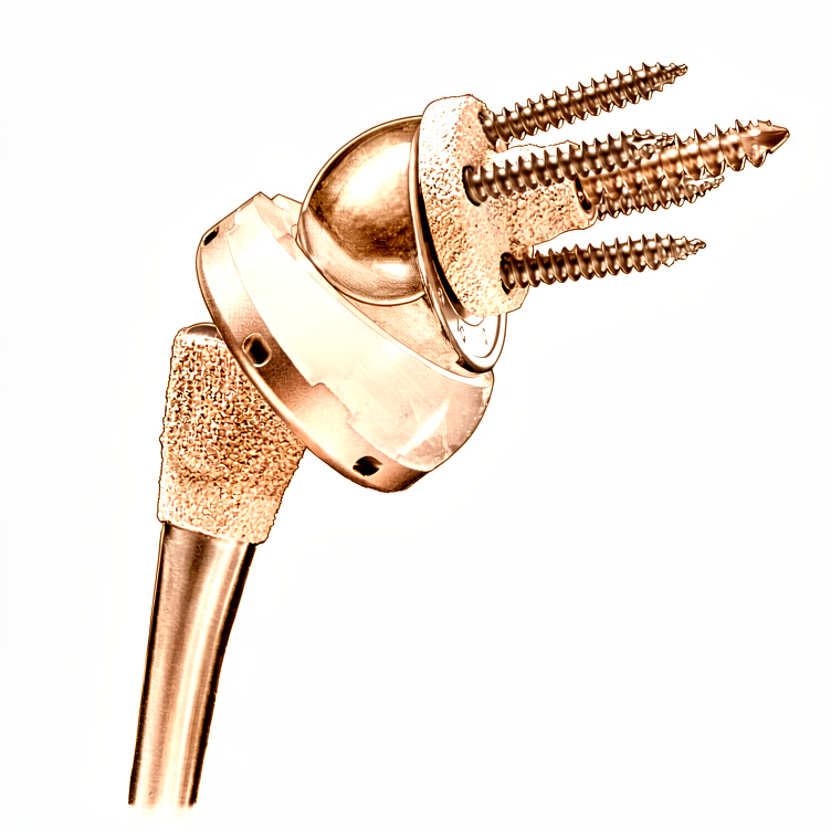 Illustration of a reverse shoulder replacement implant.