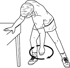 Lean forward, let the arm hang relaxed, and swing it gently in circles using body movement.