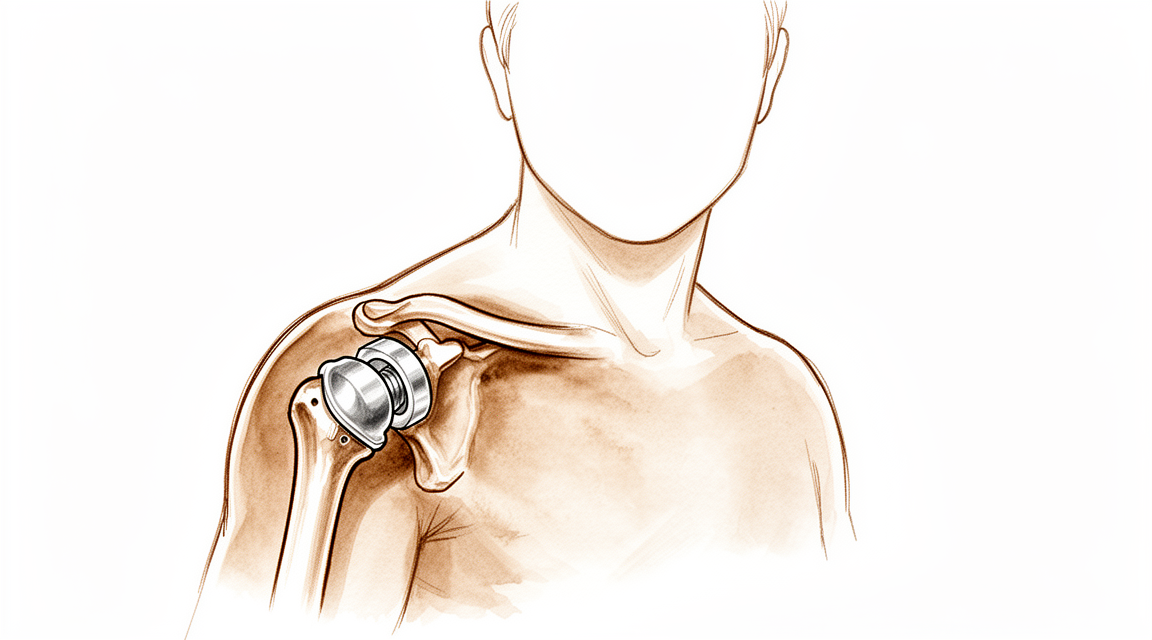 A hand-drawn illustration of a shoulder replacement implant being revised.