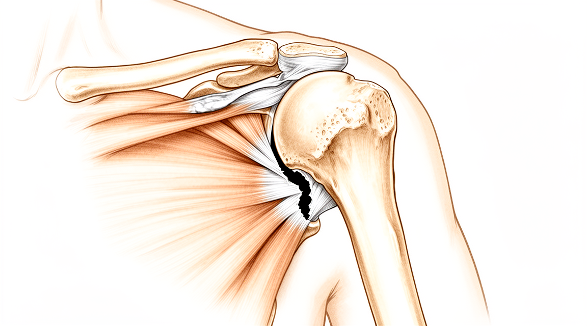 Illustration of a torn rotator cuff tendon at the shoulder.
