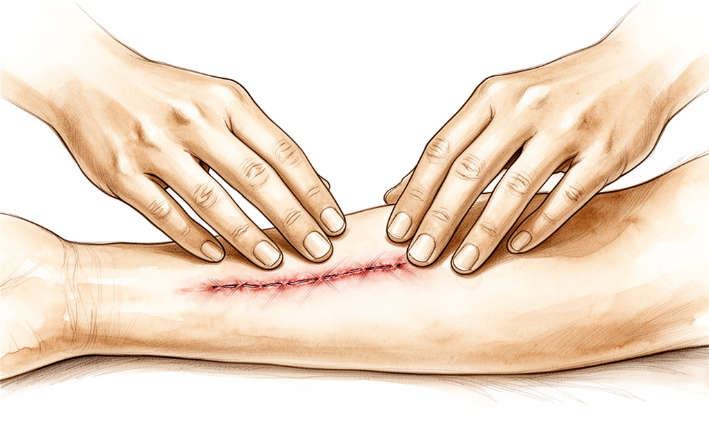 Illustration of fingers massaging a healed surgical scar on the forearm.