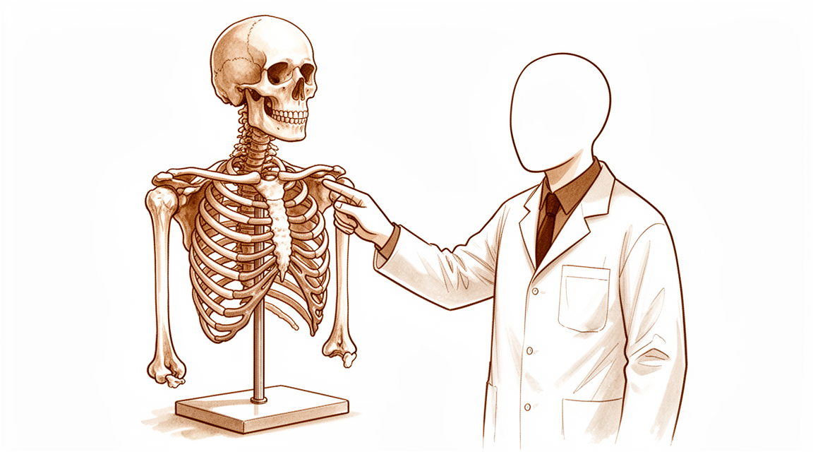 A hand-drawn illustration of a faceless anatomy lecturer pointing at a large shoulder skeleton model on a stand.