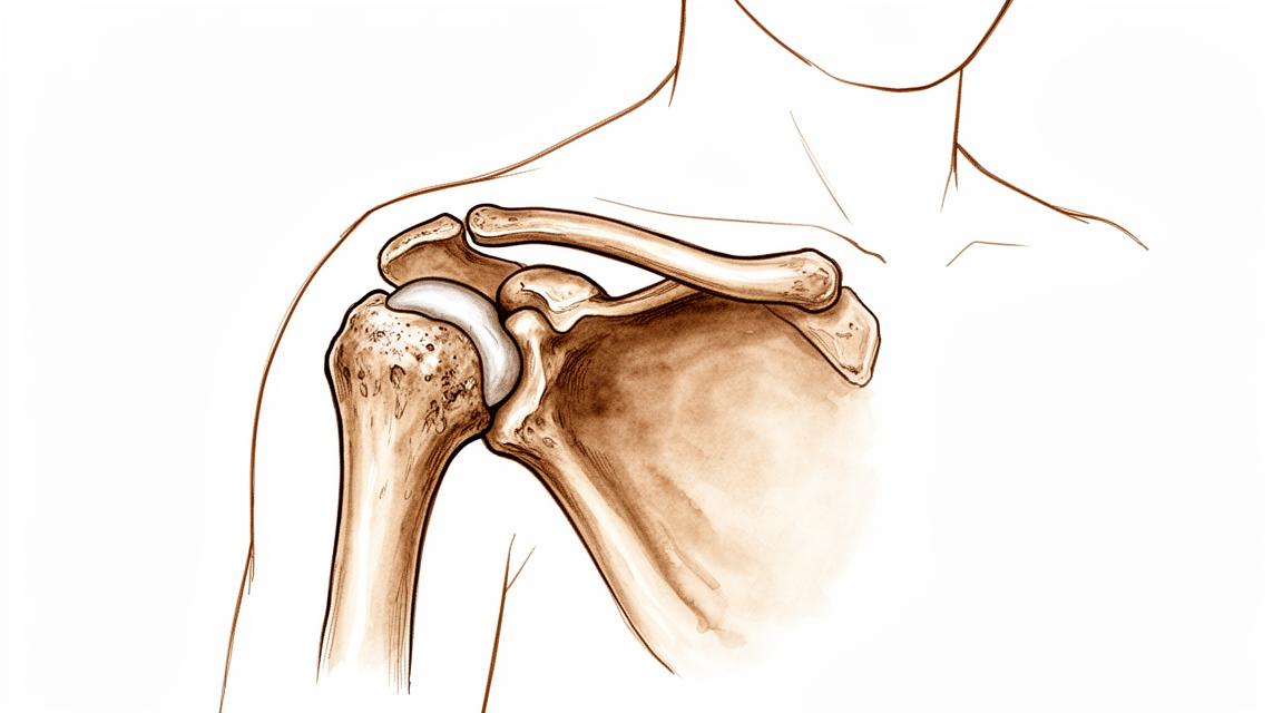 A hand-drawn illustration of a worn arthritic glenohumeral shoulder joint, bone on bone.