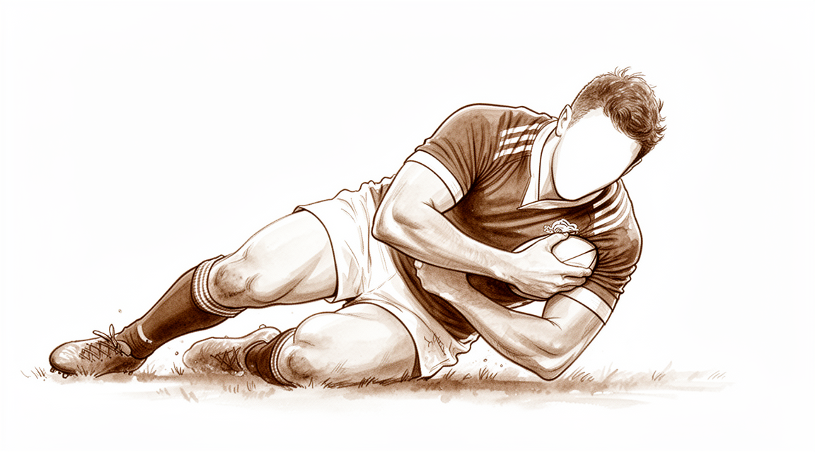 A hand-drawn illustration of a rugby player tackled to the ground, their shoulder forced out of joint.