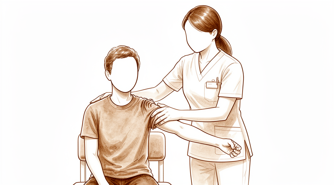 A hand-drawn illustration of rotator cuff and bursa pinched under the acromion of the shoulder.