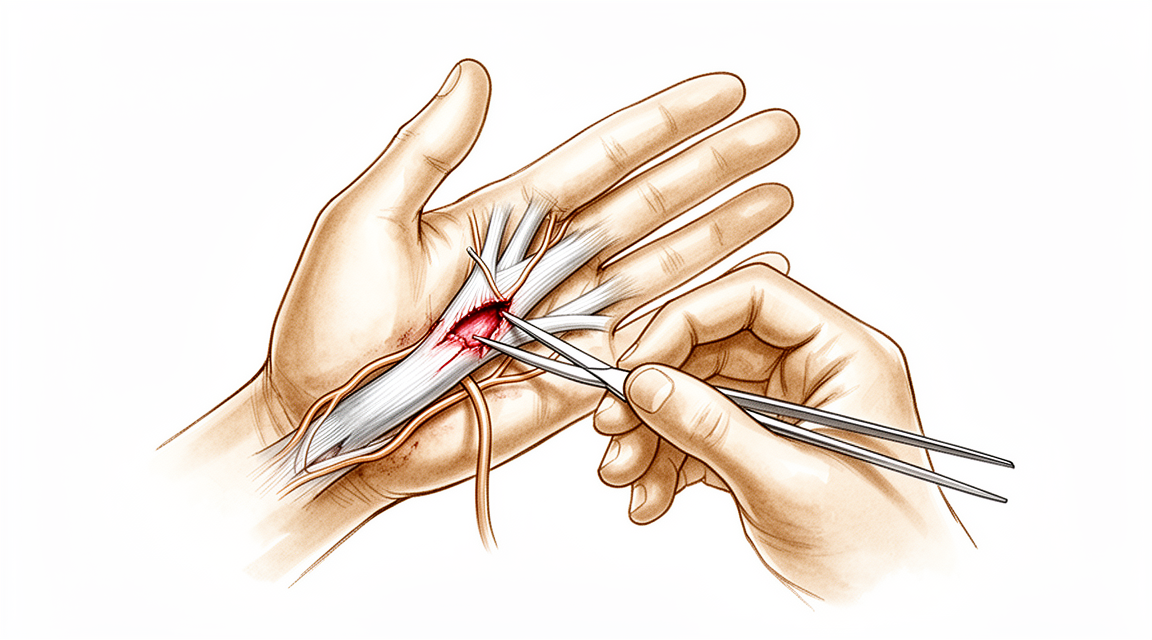 A hand-drawn illustration of surgical repair of a cut tendon and nerve in the hand.