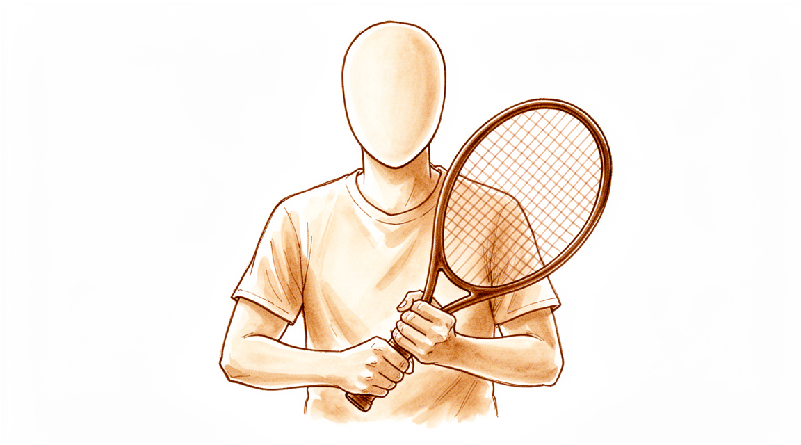 A hand-drawn illustration of a faceless person gripping a tennis racquet.