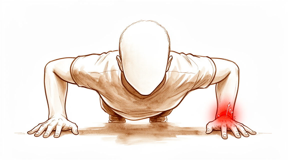 A hand-drawn illustration of a wrist loaded in a push-up with pain on the little-finger side.