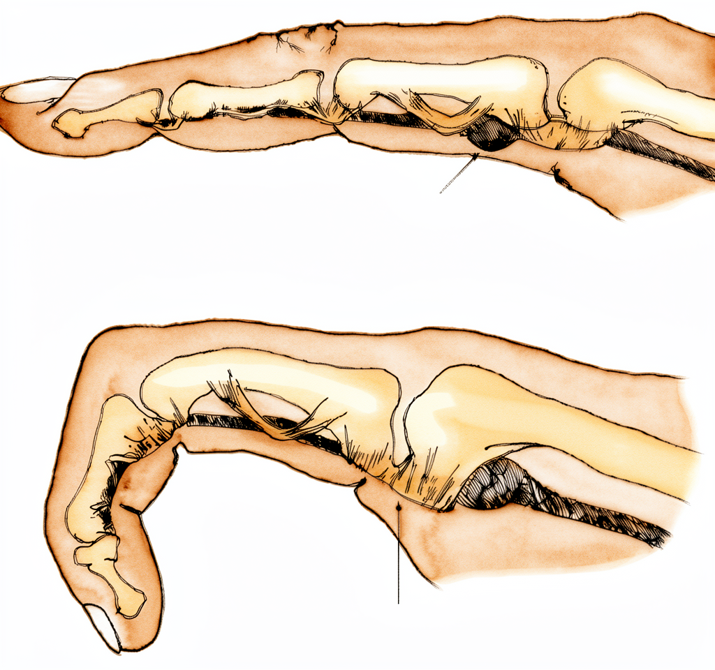 Diagram of a trigger finger: the flexor tendon catching as it passes through the narrowed tendon sheath