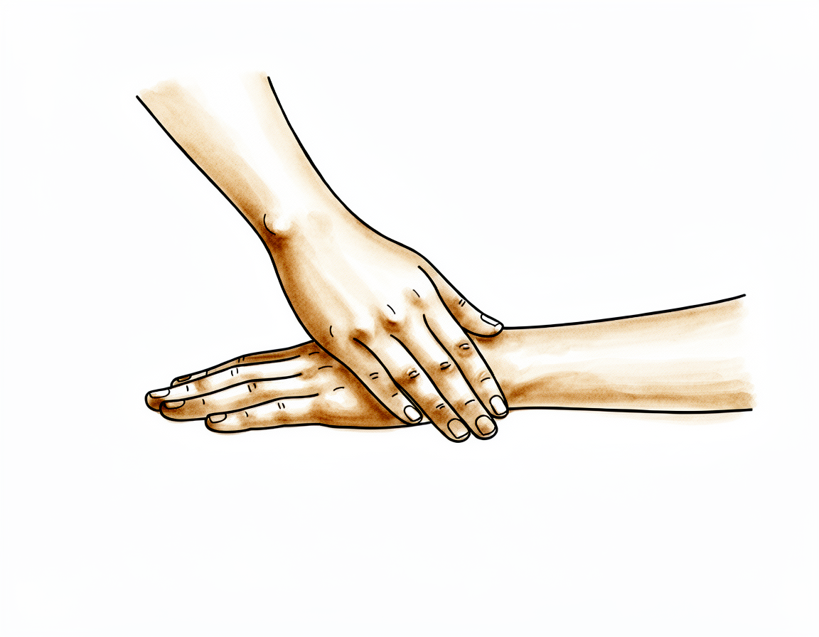 Using the other hand to gently support and straighten the smaller joints of the repaired finger, keeping it from stiffening into a bent position.