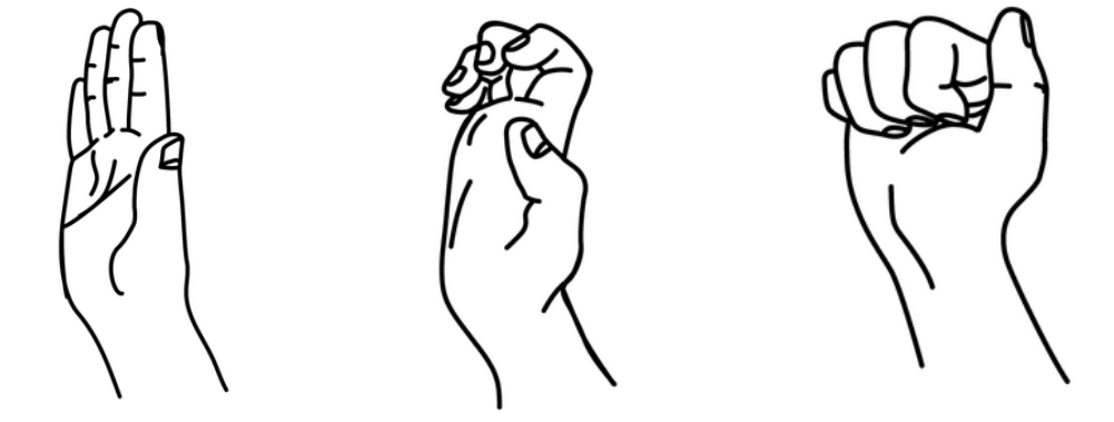 Three hand positions: fingers fully straight, then a hook position, then a tight fist with the thumb over the fingers.