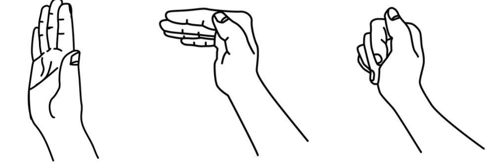 Three hand positions: fingers fully straight, then a tabletop position bending only at the bottom knuckles, then the fingers bent at the middle joints touching the palm.