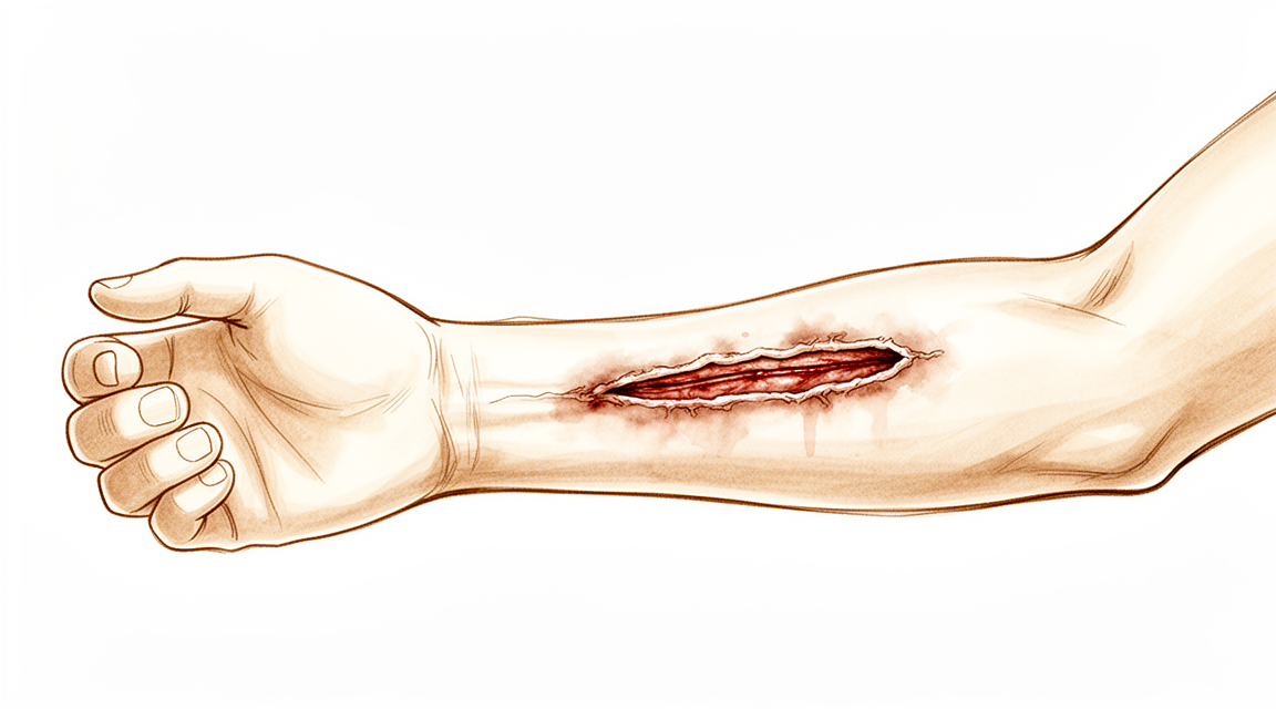 A hand-drawn illustration of a clean dressed surgical wound on a forearm.