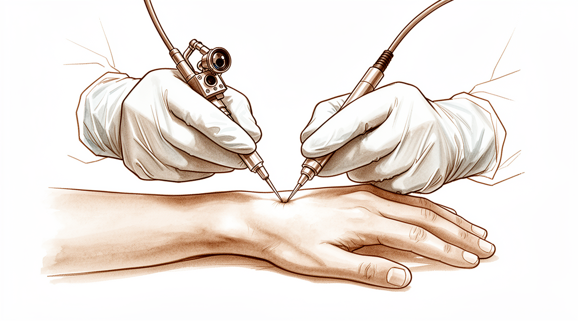 Illustration of keyhole (arthroscopic) wrist surgery: a small camera and instruments enter the wrist through tiny portals on the back of the joint to inspect and treat the triangular fibrocartilage complex (TFCC) and other structures.