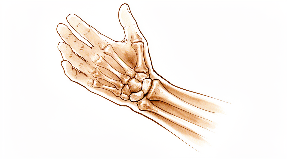 Illustration of a fused wrist, with a dorsal plate joining the forearm bone (radius) to the hand bones (metacarpals) so the wrist sits solid in slight extension, while the fingers, thumb and forearm rotation stay free.
