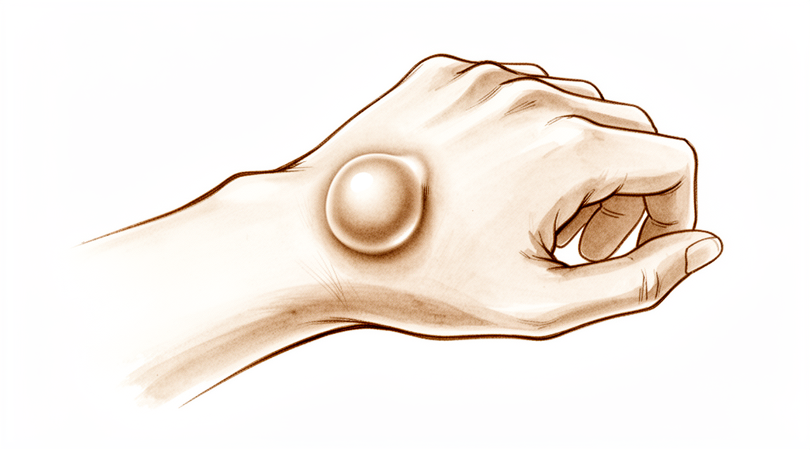 A hand-drawn illustration of a smooth round soft cyst bump on the back of a wrist.