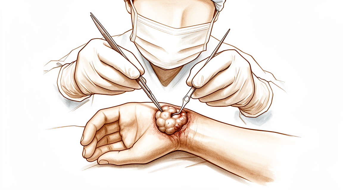 Illustration of a wrist showing a ganglion cyst arising from the joint capsule, with the cyst and its stalk being removed down to the wrist joint.