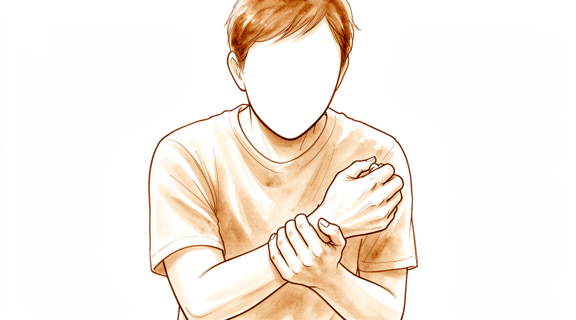 A hand-drawn illustration of a faceless person who twisted their wrist in a fall, holding it in pain.